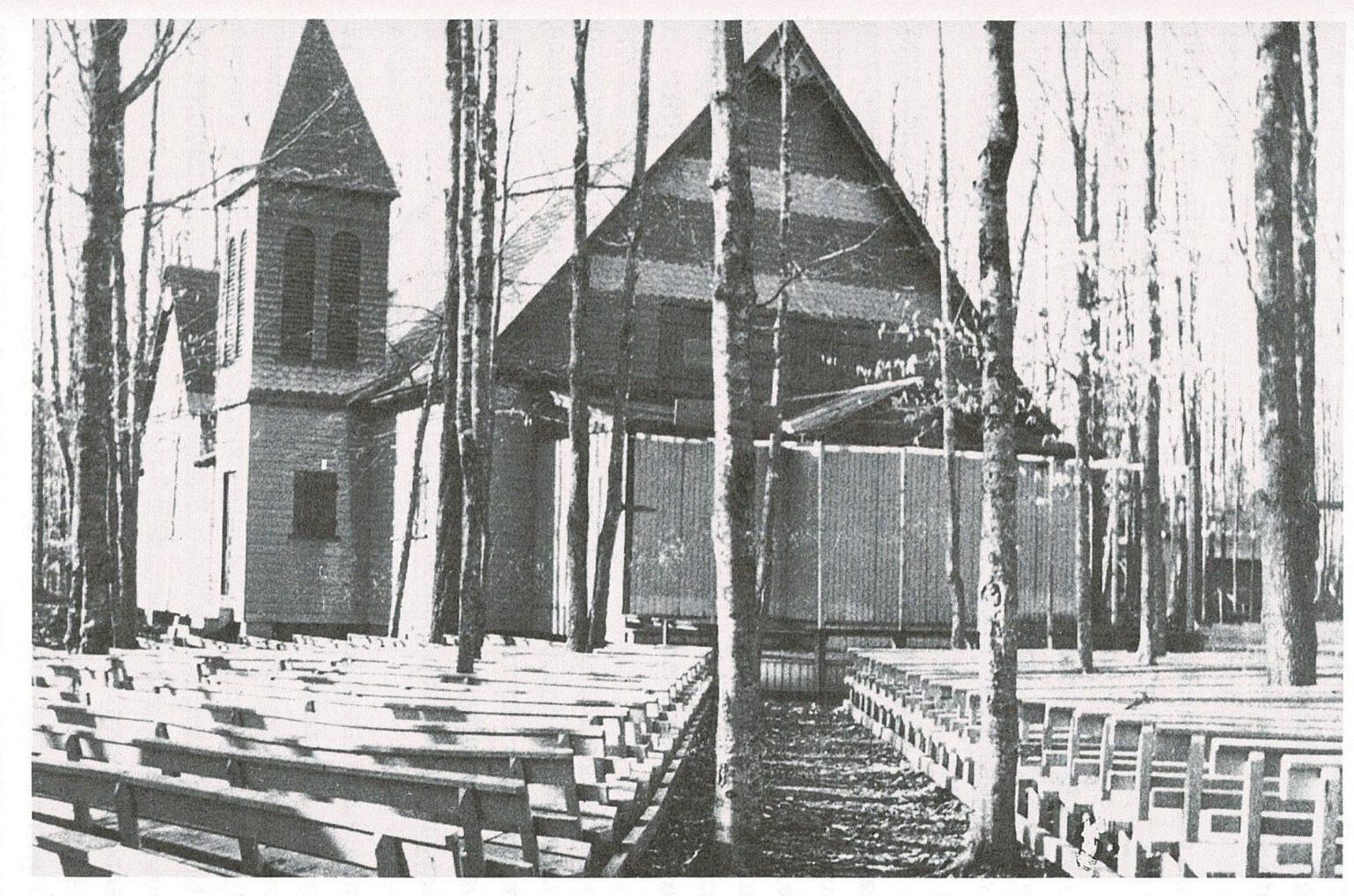 Historic tabernacle and outdoor pews at the Dover-Foxcroft camp meeting grounds