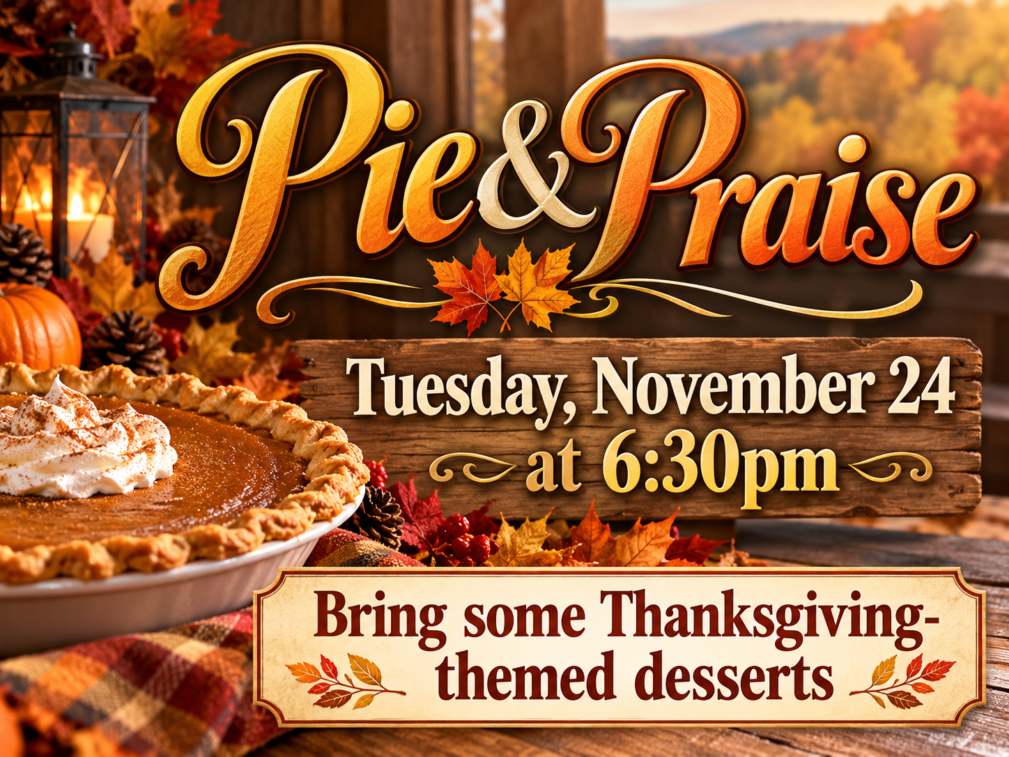 Pie and Praise, Tuesday, November 24 at 6:30 PM. Bring some Thanksgiving-themed desserts.